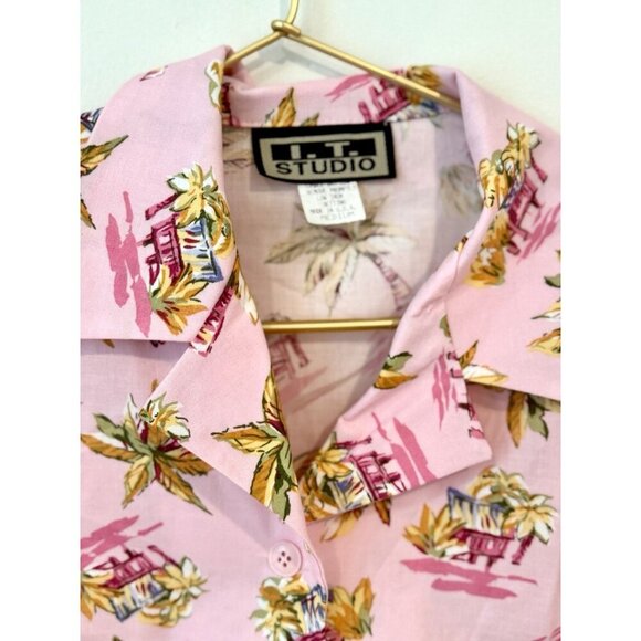 Vintage Pink Palm Tree Button Up Hawaiian Shirt Sz Medium USA NWT - Picture 3 of 7